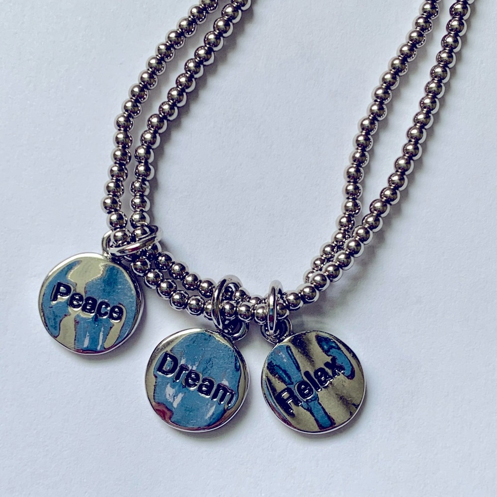 ☮️3 Charm “Relax Dream Peace” 2 Strand Beaded Chain Necklace by Cookie Lee - Picture 4 of 5
